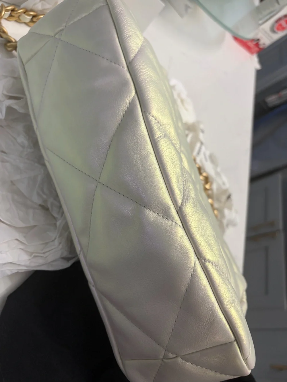 Authentic Chanel 19 Flap Bag Medium – Iridescent White Pearlescent Calfskin